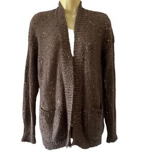Express Size M Sequin Embellished Taupe Cardigan Sweater Open Front Pockets